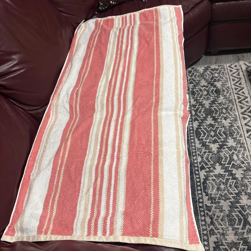 NAUTICA LAKEVIEW CORAL & TAN WHITE STRIPE 4 Piece HAND Cloth & Bath Beach Towel